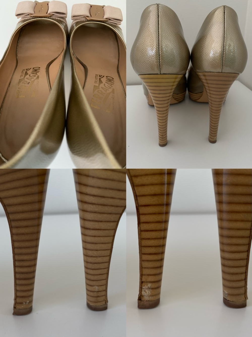 🇮🇹 Salvatore Ferragamo|Gold Leather Vara Bow Peep Toe Pumps - Picture 15 of 16